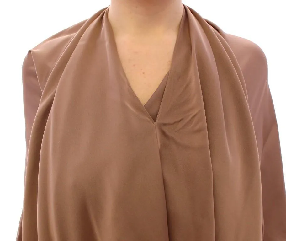 Brown Draped Silk Sheath Shift Cocktail Dress
