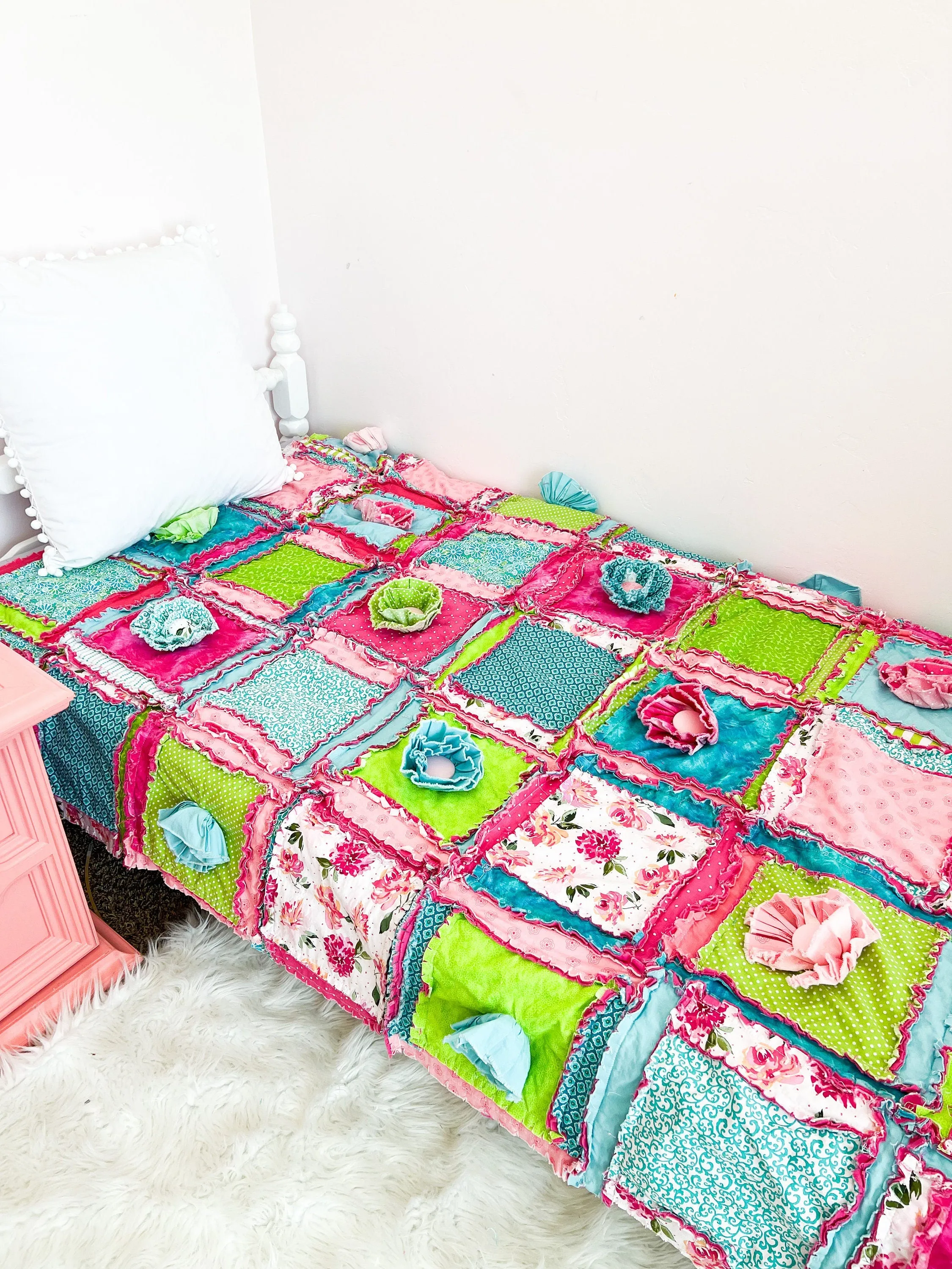 Twin Size Quilt Homemade Quilts for Sale, Big Handmade Rag Quilts, Hot Pink and Turquoise Teen Girl Room Decor for Girls