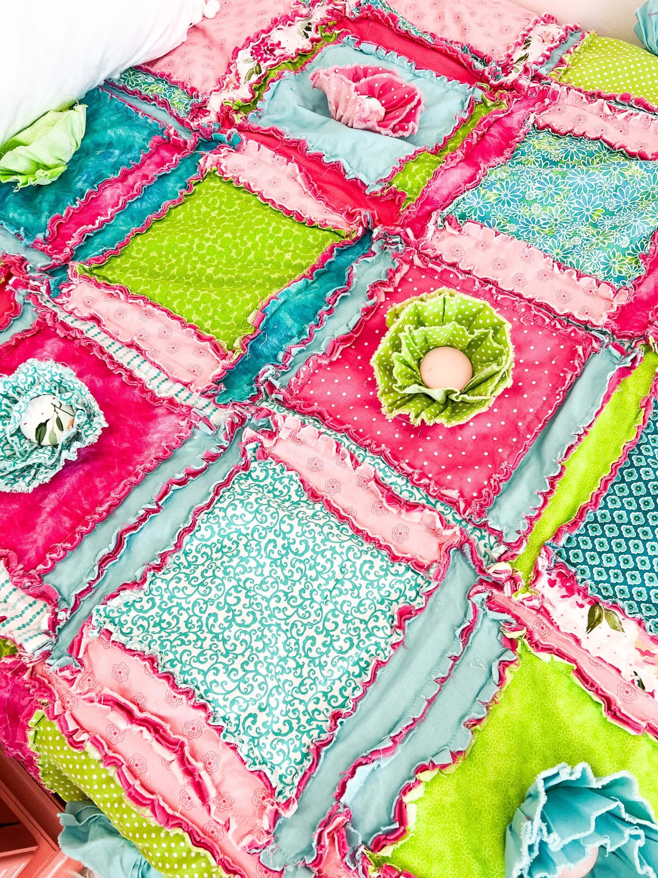 Twin Size Quilt Homemade Quilts for Sale, Big Handmade Rag Quilts, Hot Pink and Turquoise Teen Girl Room Decor for Girls