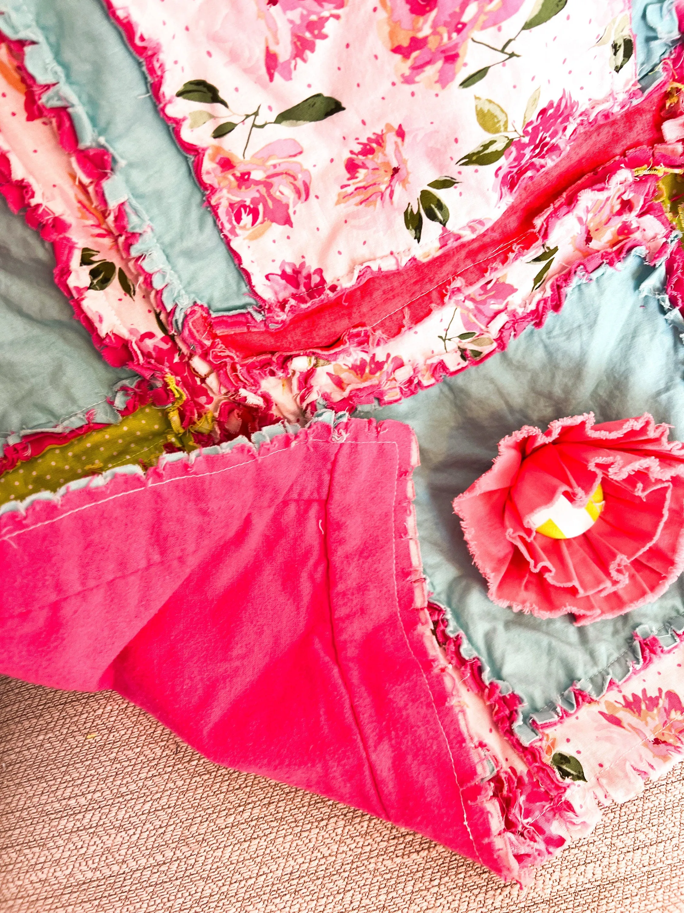 Twin Size Quilt Homemade Quilts for Sale, Big Handmade Rag Quilts, Hot Pink and Turquoise Teen Girl Room Decor for Girls