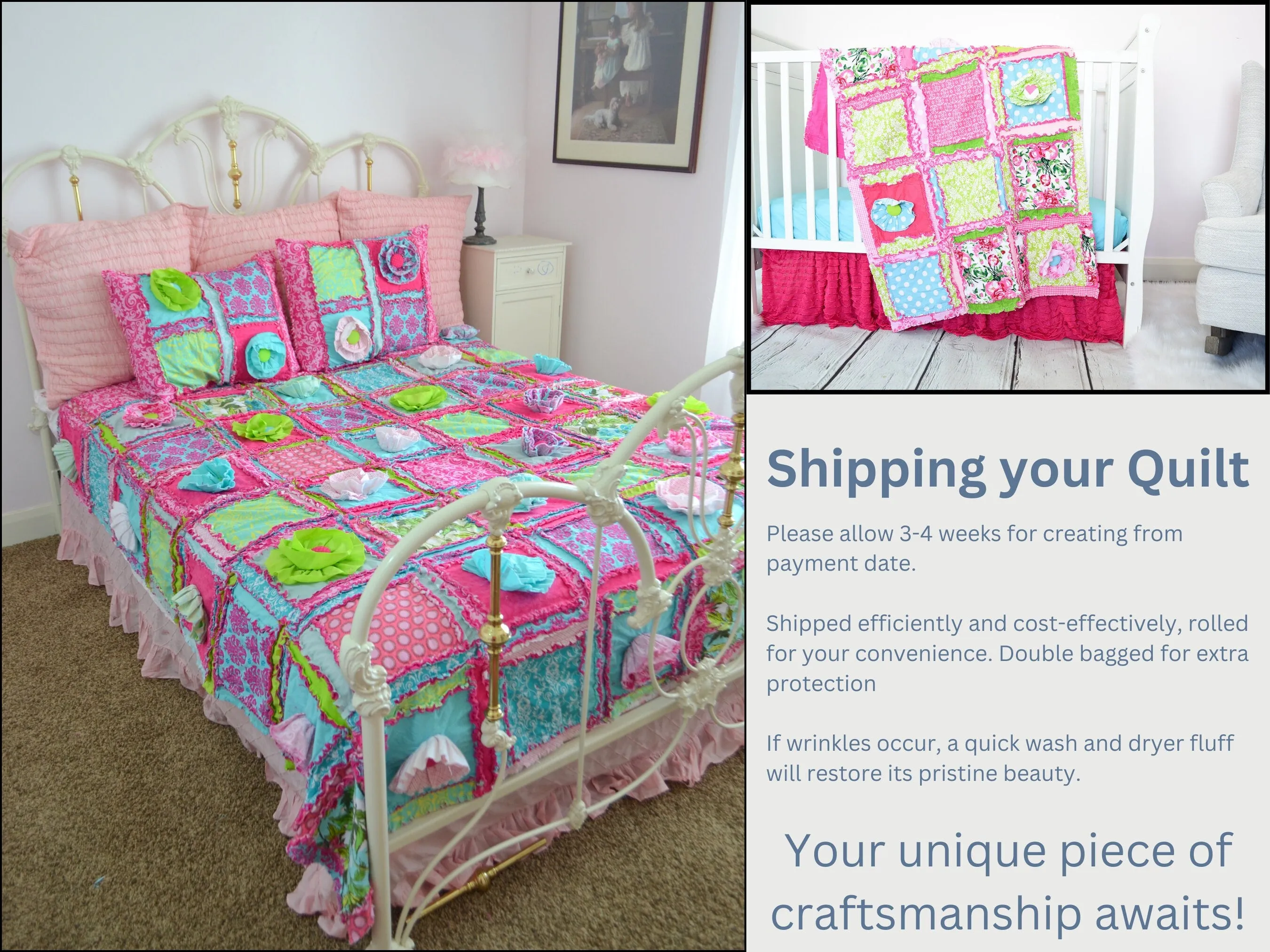Twin Size Quilt Homemade Quilts for Sale, Big Handmade Rag Quilts, Hot Pink and Turquoise Teen Girl Room Decor for Girls